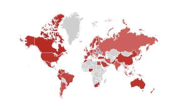 MagentoとShopifyの国別検索関心を比較した世界地図