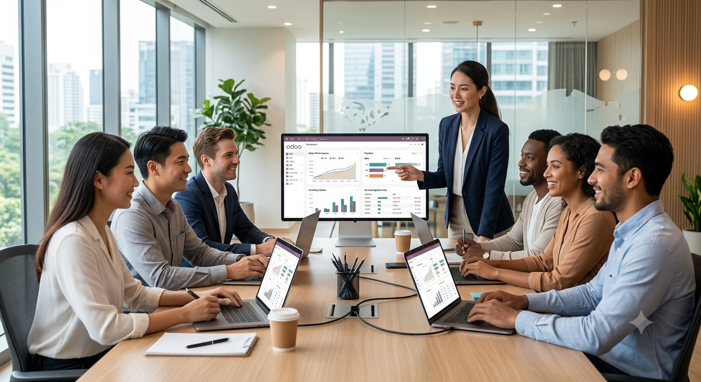 Odoo（オドゥー）のダッシュボード画面を見ながらミーティングをするビジネスパーソン