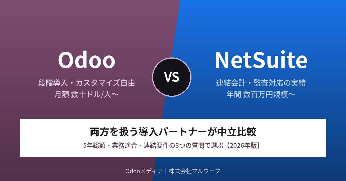 OdooとNetSuiteの比較を示すイメージ画像。左が紫でOdoo（段階導入・カスタマイズ自由）、右が青でNetSuite（連結会計・監査対応の実績）を表す